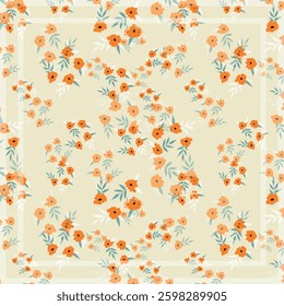 Print for kerchief, bandana, scarf, handkerchief, shawl, neck scarf. Squared pattern with ornament for fabric, textile, silk products. Paisley vector with abstract flowers. Floral folk tracery.