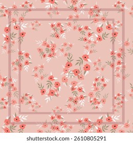 Print for kerchief, bandana, scarf, handkerchief, shawl, neck scarf. Squared pattern with ornament for fabric, textile, silk products. Paisley vector with abstract flowers. Floral folk tracery.