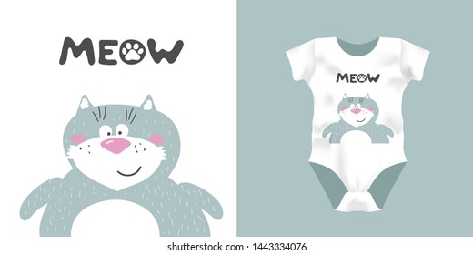 Print for kid bodysuit with smile cat, text meow and footprint. Cute design child pajamas mock up. Baby graphic for clothes wear, room decor, t-shirt print, baby shower invitation, wrapping background