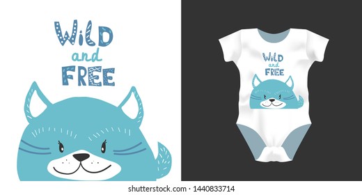 Print for kid bodysuit with smile dog, text wild and free. Cute design child pajamas mock up. Baby graphic for clothes wear, room decor, t-shirt print, baby shower invitation, wrapping background