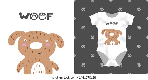 Print for kid bodysuit with smile dog, text woof. Cute design child pajamas mock up. Baby graphic for clothes wear, room decor, t-shirt print, baby shower invitation, wrapping background