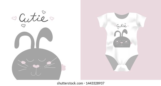 Print For Kid Bodysuit With Smile Rabbit, Text Cutie. Cute Bunny, Design Child Pajamas Mock Up. Baby Graphic For Clothes Wear, Room Decor, T-shirt Print, Baby Shower Invitation, Wrapping Background