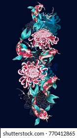 Print with koi fish and flowers. For embroidery or print.