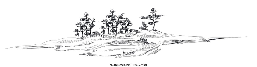 Print with landscape with trees or small forest and hills, in toile de jouy style on white background