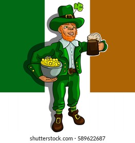 Print a leprechaun with a pot of gold and beer mug, the symbol of St. Patrick's day, on the background of the flag of Ireland