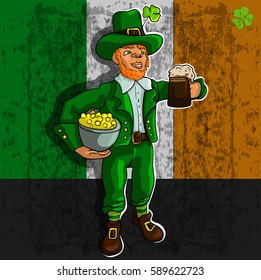 Print leprechaun with pot of gold and beer mug, the symbol of St. Patrick's day, on the background of the flag of Ireland