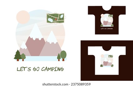 Print Let's go camping with Nature set mountains. Flat design for kids t'shirt. Vector doodle children naive art illustration. Vector flat illustration.