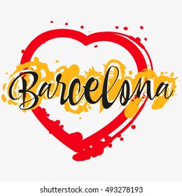 Print with lettering about Barcelona and bright red yellow paint splashes in shape of heart on grey background. Pattern for fabric textiles, clothing, shirts. Vector illustration