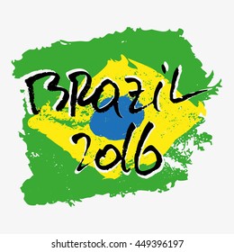 Print with lettering about Brazil and green yellow blue paint splashes in shape of brazilian flag on grey backdrop. Pattern for fabric textiles, clothing, shirts, t-shirts. Vector illustration