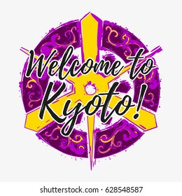 Print with lettering about Kyoto and grunge paint splashes in shape of Kyoto flag in violet yellow colors. Pattern for fabric textiles, clothing, shirts, banners. Vector illustration