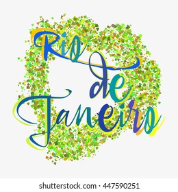 Print with lettering about Rio de Janeiro and green glitter in shape of heart on grey background. Pattern for fabric textiles, clothing, shirts in colors of Brazilian flag. Vector illustration