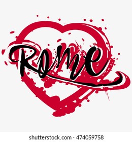 Print with lettering about Rome and deep red paint splashes in shape of heart on grey background. Pattern for fabric textiles, clothing, shirts. Vector illustration