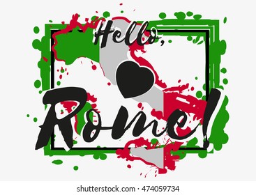 Print with lettering about Rome with green paint splashes in shape of country on grey background. Pattern for fabric textiles, clothing, shirts, banners. Vector illustration