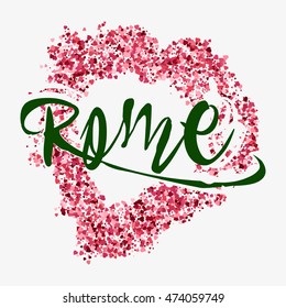 Print with lettering about Rome and red glitter in shape of heart on grey background. Pattern for fabric textiles, clothing, shirts. Vector illustration