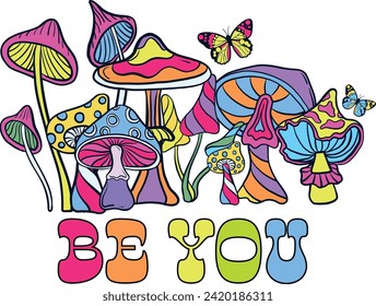 Print with lgbt  Mushrooms print,  Hand Drawn  Graphic. Psychedelic Mushrooms  background for graphic tees
