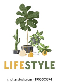 Print lifestyle. Home garden Elements: cactus, liana, Euphorbia, watering can for plants, text. Hobbies, trendy home decor, taking care of plants. Green plants.  Jungle style home.Vector illustration.