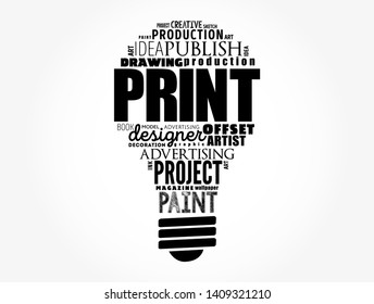 PRINT light bulb word cloud, creative business concept background