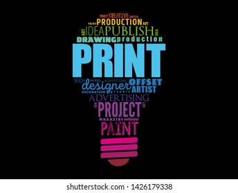 PRINT light bulb word cloud, creative business concept background