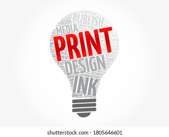 PRINT light bulb word cloud, creative business concept background