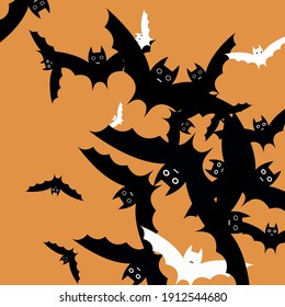 Print Light Creepy Bats Vector Design Pic. Chaos Spooky Scary Attack Halloween Art Illustration. Funny Faces Orange Grey Modern Style Background. White Black Motion Retro Art Flying Bats Fabrics.