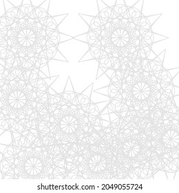 Print Light Folk Ornamental Calm Chaotic Luxury Silver Illustration. Pastel Soft Winter Monochrome Mystery Grey Cold Complicated Ornament. White Sharp Stars Mandala Lace Satanic Ice Frost Background.