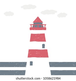 Print with lighthouse. Vector hand drawn illustration.
