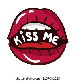 Print with lips and inscription kiss me. Poster on T-shirt, clothes, message, web, fabric, textiles.