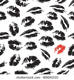 Print of lipstick. Black and white seamless pattern with elements of a kiss, lips, smile. 