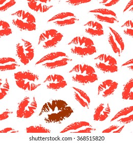 Print of lipstick. Romantic seamless pattern with elements of a kiss, lips, smile. Seamless pattern can be used for wallpaper, pattern fills, web page background, surface textures. Vector illustration