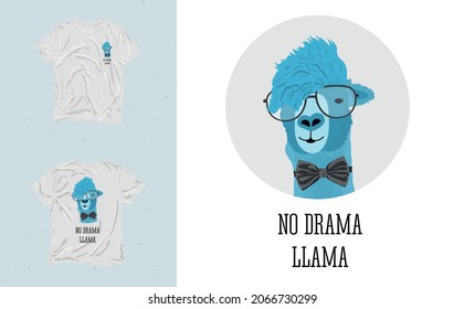 Print Llama with glasses and a bow. Hipster Llama head with bow tie. Vector drawing of a llama in glasses with a hairstyle and a bow. Cute alpaca in black glasses and a bow.