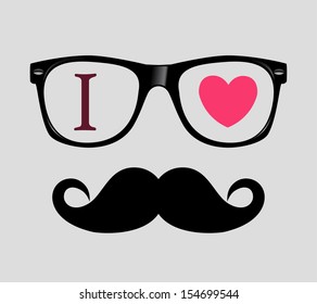 print I love Hipster style, glasses and mustaches. vector illustration background