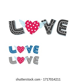 Print Love slogan in three colors variety for T-shirts, clothes, phone cases, tote bags and postcards. Doodle Lettering with Polka Dots Heart and Angel Wings.