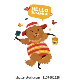 Print the lovely cartoon dog in a swimsuit for the summer season. The poster design is "Hello summer" with a cheerful danced doggy. Template for a cute summer card with a fluffy puppy. Vector