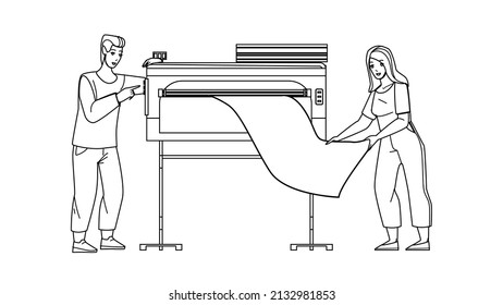 Druckmaschinen-Industrie-Geräte verwenden Menschen schwarze Linie Stift Zeichnen Vektorgrafik. Papier-Liste von Mensch und Frau auf der industriellen Druckmaschine. Zeichenarbeiter, die eine Illustration des elektronischen Tools verwenden
