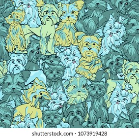 Print made of outline of little dog of Yorkshire breed. Mint shade print. Seamless pattern. Dogs are painted with a brush. Pets with different mood