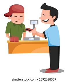 Print man paying with credit card in the store on white background vector illustration