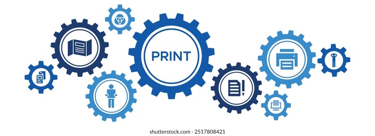 Iconos de Anuncio de medios impresos y marketing digital: diseño de folletos, creación de folletos, desarrollo de carteles, impresión CMYK, soluciones de impresión digital y servicios DTP