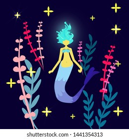 Print mermaid. Cartoon character siren. A girl with blue hair and a tail. Underwater world. Multicolored algae. Illustration for a postcard, poster, wall decor or textile design. Fairy-tale woman