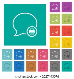 Print message outline multi colored flat icons on plain square backgrounds. Included white and darker icon variations for hover or active effects.