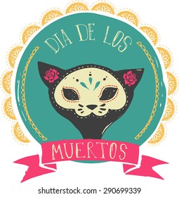 print - mexican sugar cat skull, day of the dead poster