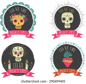 Print - Mexican Sugar Skull And Heart Set, Day Of The Dead Poster