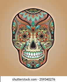Print mexican traditional skull for T-shirt with floral ornament.