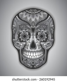 Print mexican traditional skull for T-shirt with floral ornament