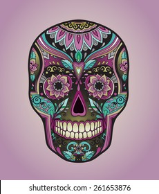 Print mexican traditional skull for T-shirt with floral ornament