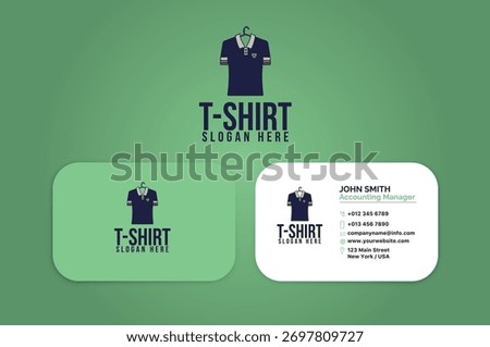 Print A modern business card design presents a blue polo shirt logo on a hanger, with company contact details, all against a vibrant green background.