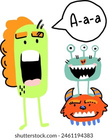 Print with monsters. Cute poster with monsters and bubble speech.
