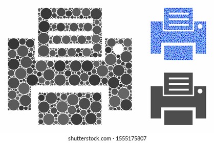 Print mosaic of round dots in different sizes and shades, based on print icon. Vector round dots are grouped into blue composition. Dotted print icon in usual and blue versions.