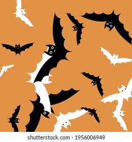 Print Motion Spooky Orange Halloween Art Illustration. Chaos Attack Funny Bats Vector Design Pic. Light Retro Black Grey Art Flying Bats Fabrics. Creepy Faces Scary White Modern Style Background.
