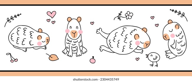 Print for a mug with cute capybaras in doodle style. Hand drawn isolated vector illustration for decor and design.
