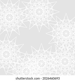 Print Mystery Grey Stars Ice Luxury Complicated Light Pattern. Sharp Mandala Chaotic White Pastel Silver Ornamental Monochrome Design Pic. Cold Folk Frost Satanic Winter Soft Calm Lace Background.